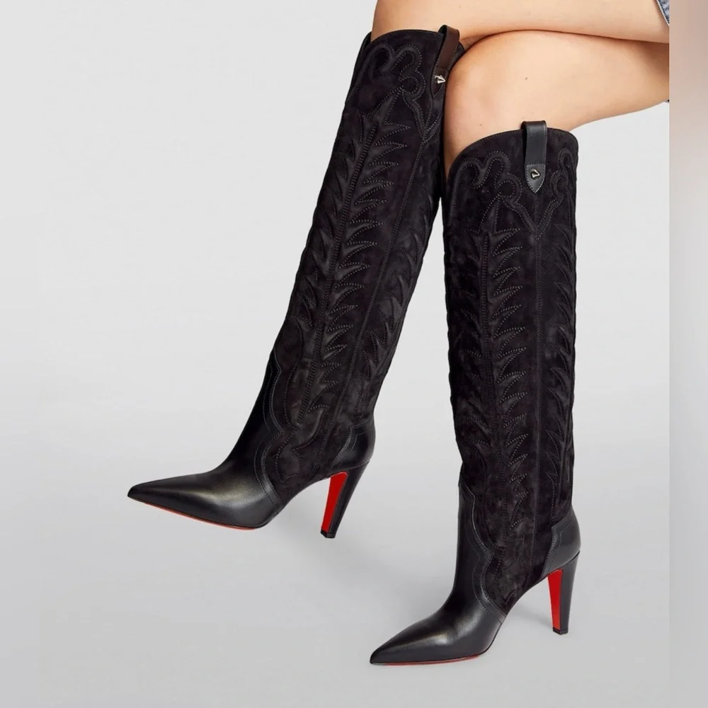 Christian Louboutin Santia Botta 85mm Knee-High Western Pointed Toe Heeled Boots - Picture 3 of 11